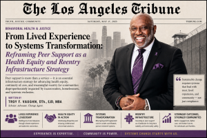 Front page cover of 'The Los Angeles Tribune' featuring a large headline about transforming peer support; a smiling man in a dark suit with a purple tie stands to the right against a city skyline background, with a quote box on the side and a purple-accent footer strip.