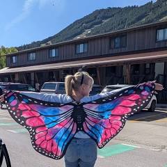 Person standing outdoors with large pink and blue butterfly wings spread wide, facing away, in front of a brown building with mountains in the background.