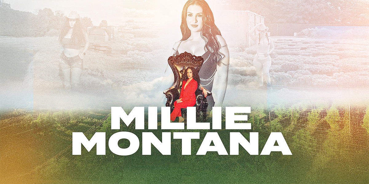 Poster for Millie Montana: woman in a red suit seated on an ornate throne, with bold white title text across the bottom and a rural landscape background.