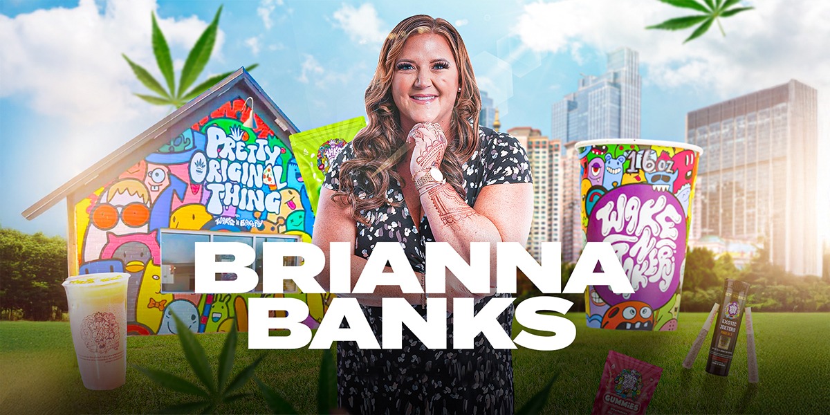 Brianna Banks smiles in front of a colorful mural with oversized beverage cups; bold 'BRIANA BANKS' text overlays the scene.