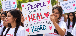 “People start to heal the moment they feel heard.” — A message at the heart of World Mental Health Day 2026. “Young women at a World Mental Health Day rally holding a sign that reads ‘People start to heal the moment they feel heard’”